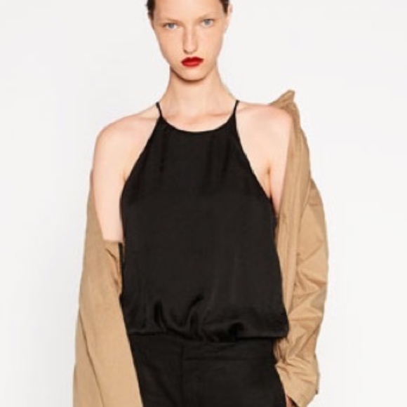 Zara Tops - Zara Black Satin Halter Spaghetti Strap Bodysuit L